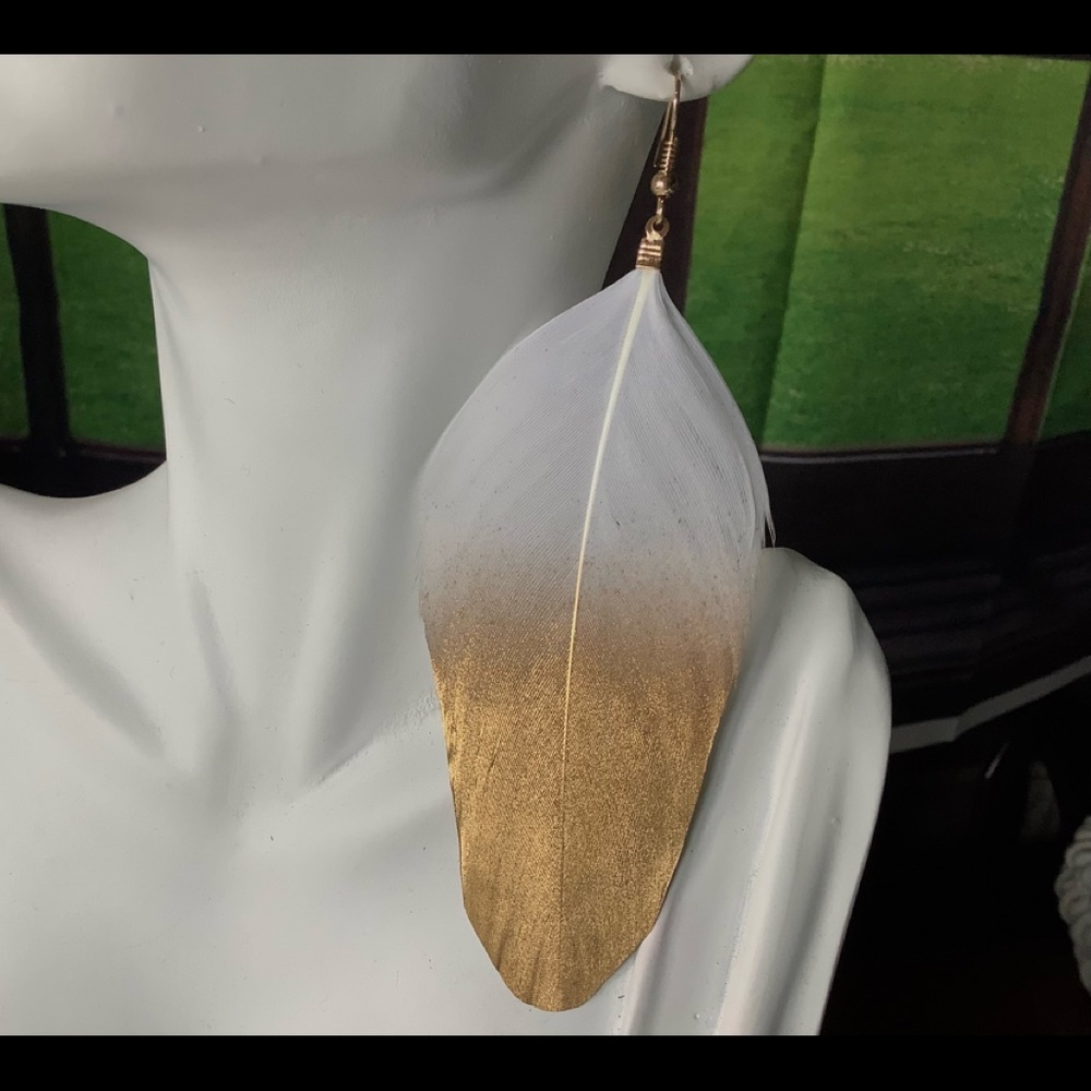 Fish hook white feather with dipped gold earrings